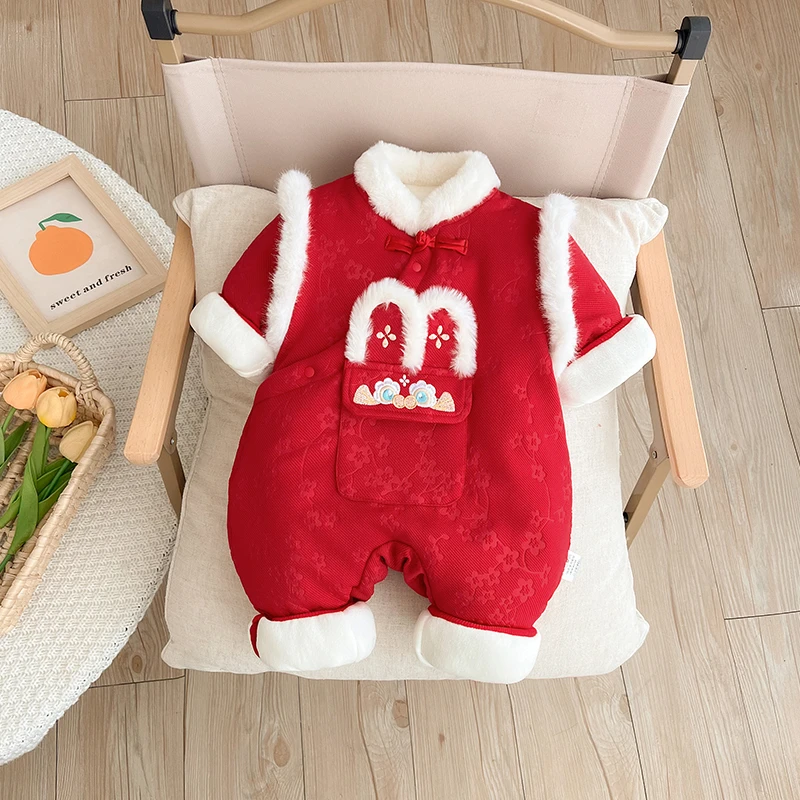 冬季新款棉服连体衣加厚加棉男女宝节日年服高定礼服保暖外出爬服