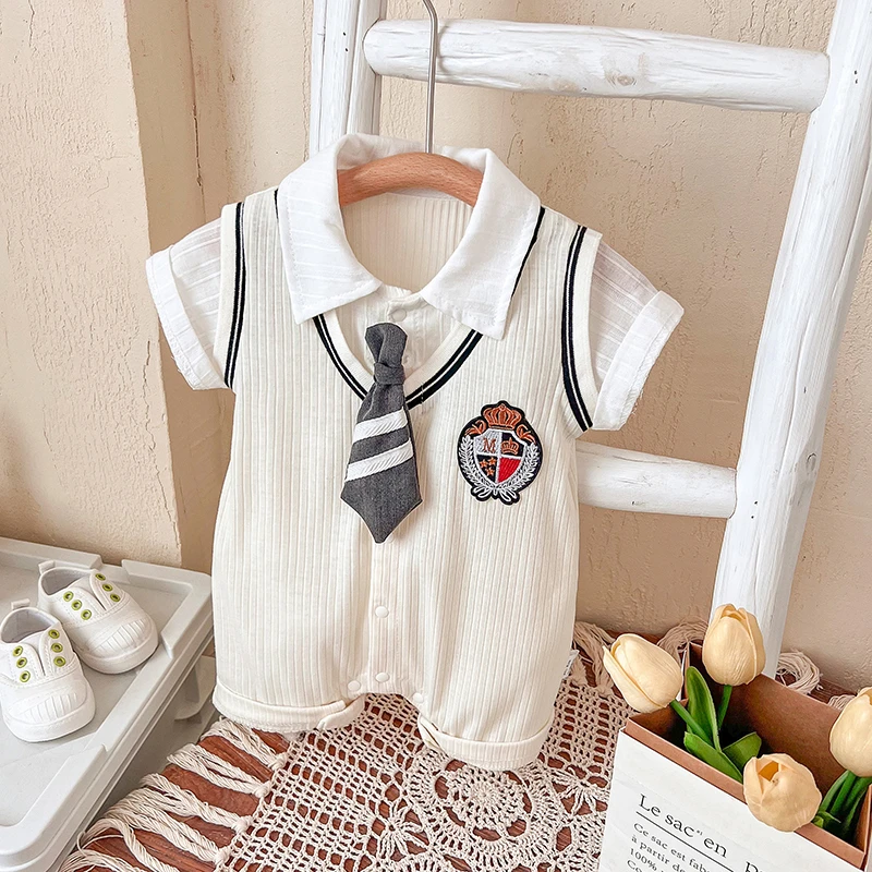 婴儿夏装连体衣新生儿男宝宝夏款超萌洋气短袖薄款满月百天外出服