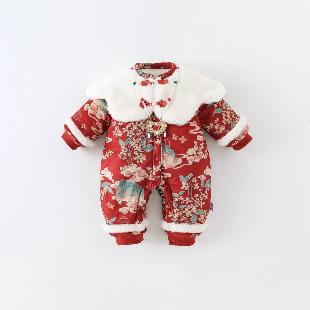 婴儿冬季国风棉服男女宝宝拜年服冬装加厚连体衣百天满月周岁礼服