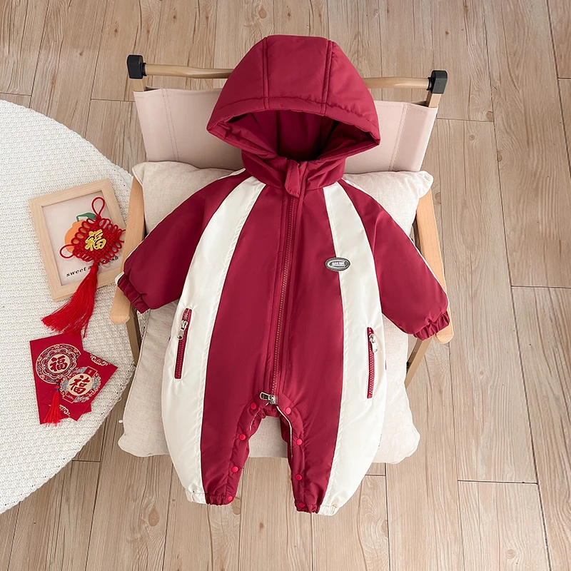 婴儿冬装新款加厚加棉保暖棉服连体衣周岁百天礼服男女宝外出抱服