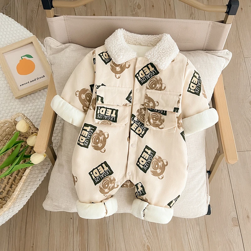 婴儿冬装连体衣男宝宝加绒夹棉衣服新生儿秋冬季超萌百天周岁爬服