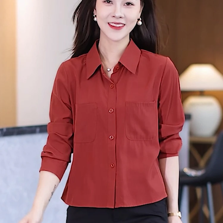 春夏衬衫长袖气质时尚休闲显瘦衬衣女式中年妈妈纯色上衣红色衣服