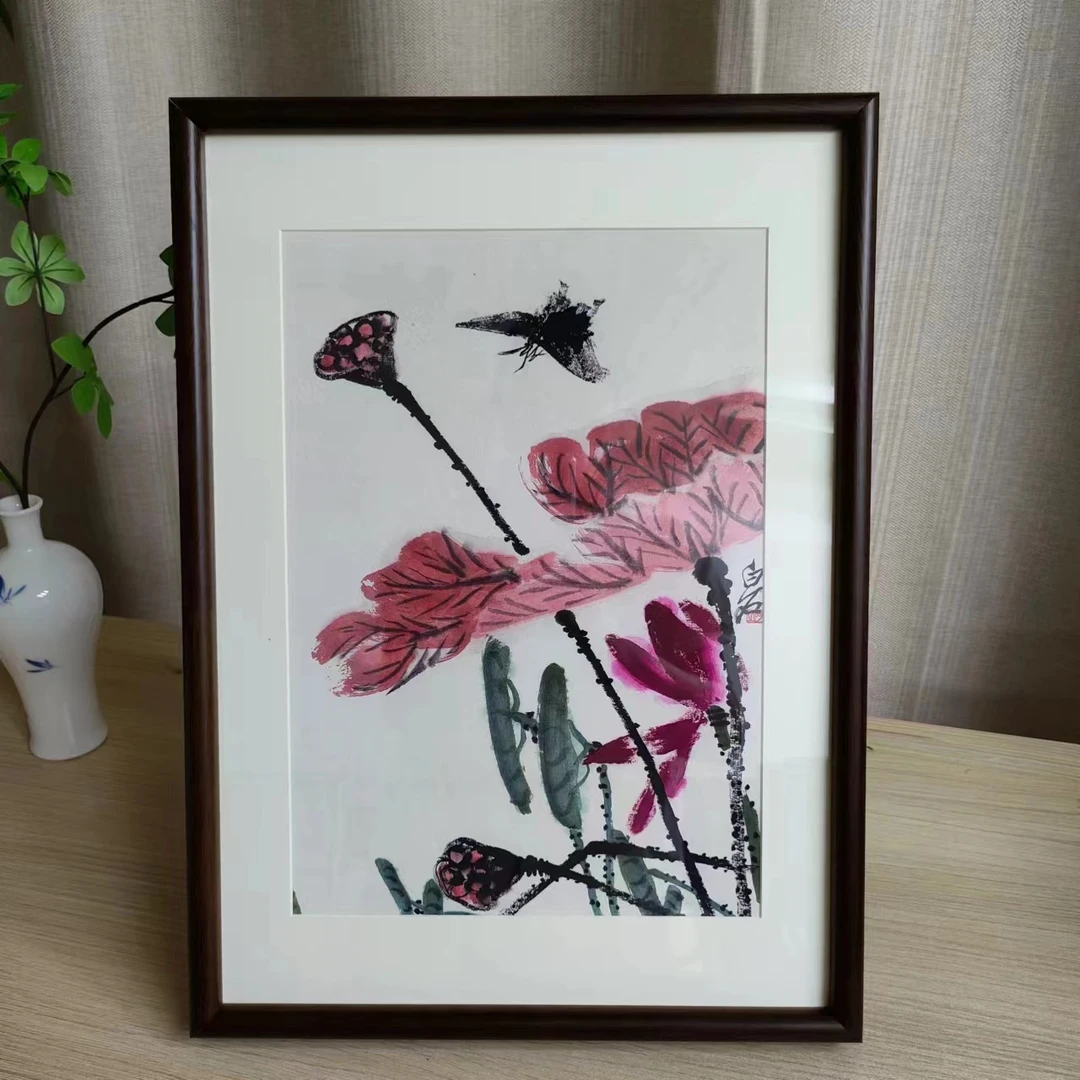 【662】A3荷花图纯实木框家居挂画可摆可挂装饰画