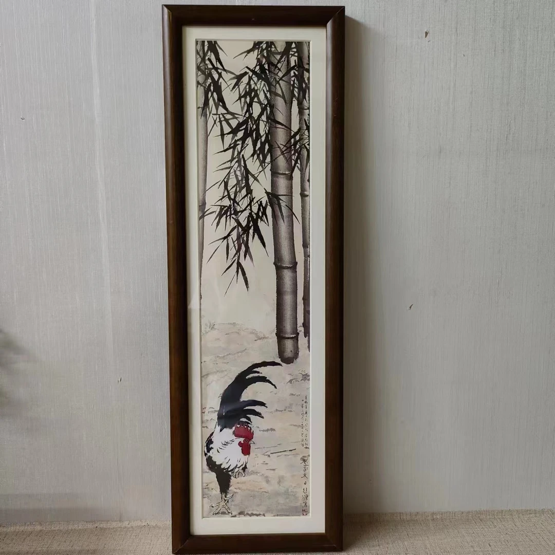 【619】20*70公鸡图纯实木框新中式家居装饰挂画