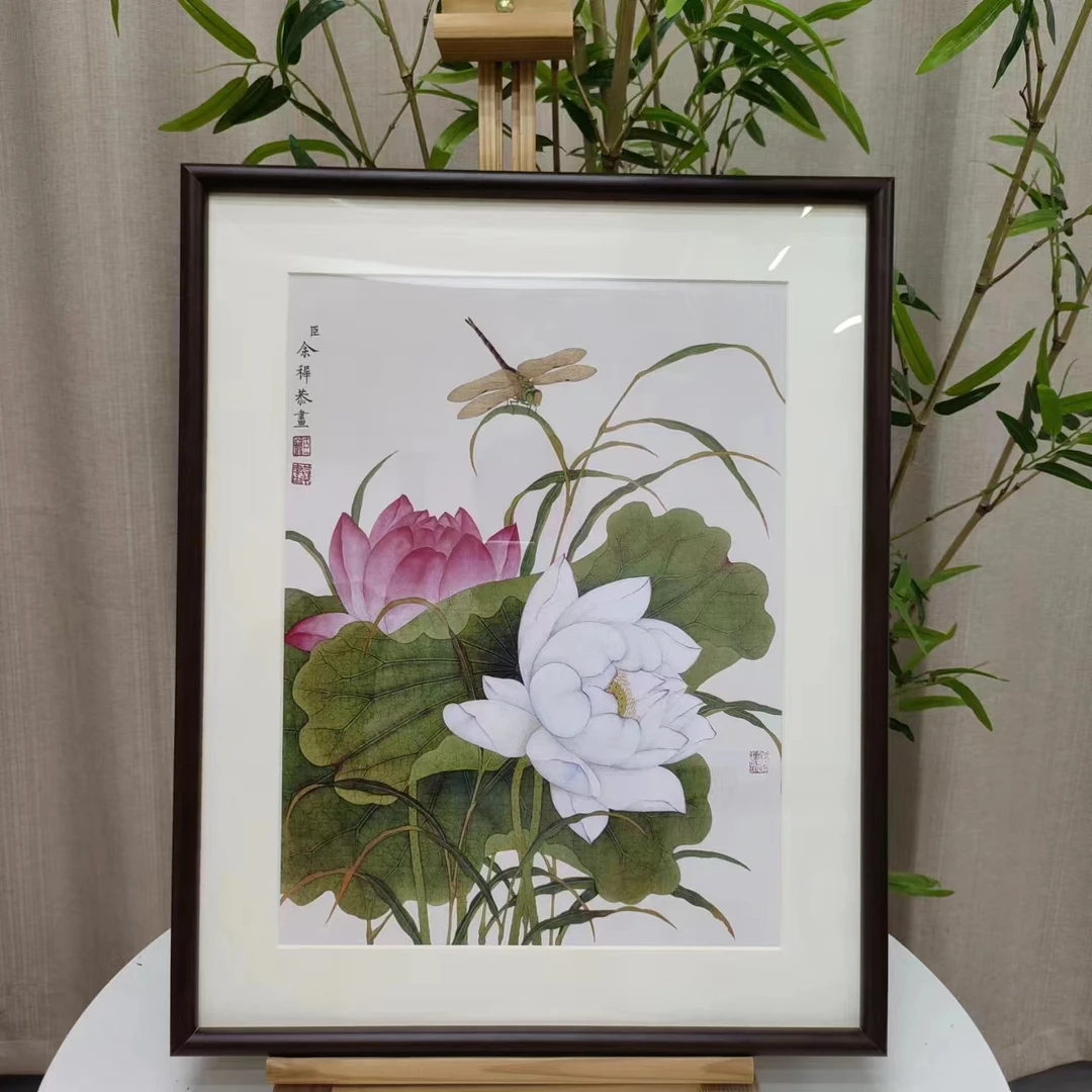 【628】40*50双色荷花图纯实木框新中式家居装饰挂画