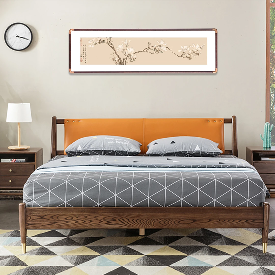 【仿铜角233】160*45玉兰花图纯实木胡桃色家居床头装饰挂画