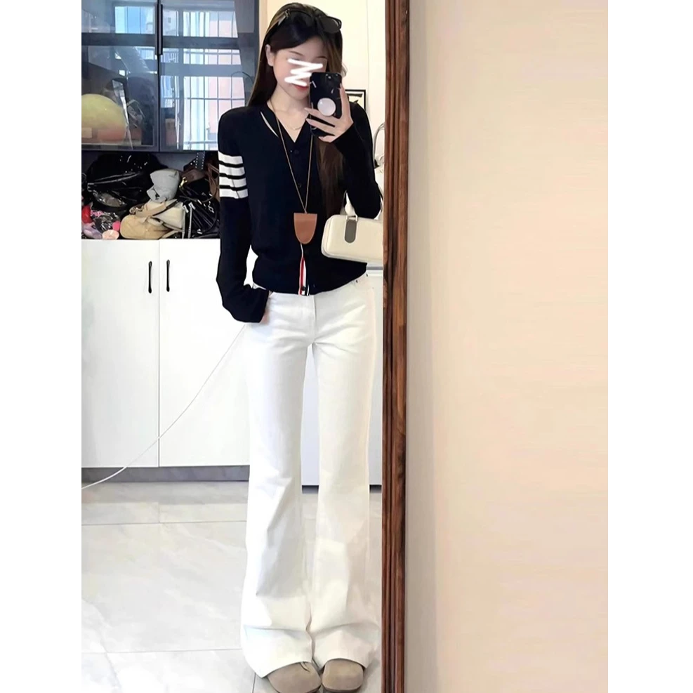 白色微喇牛仔裤女2025春夏新款小个子高腰修身显瘦拖地喇叭裤子