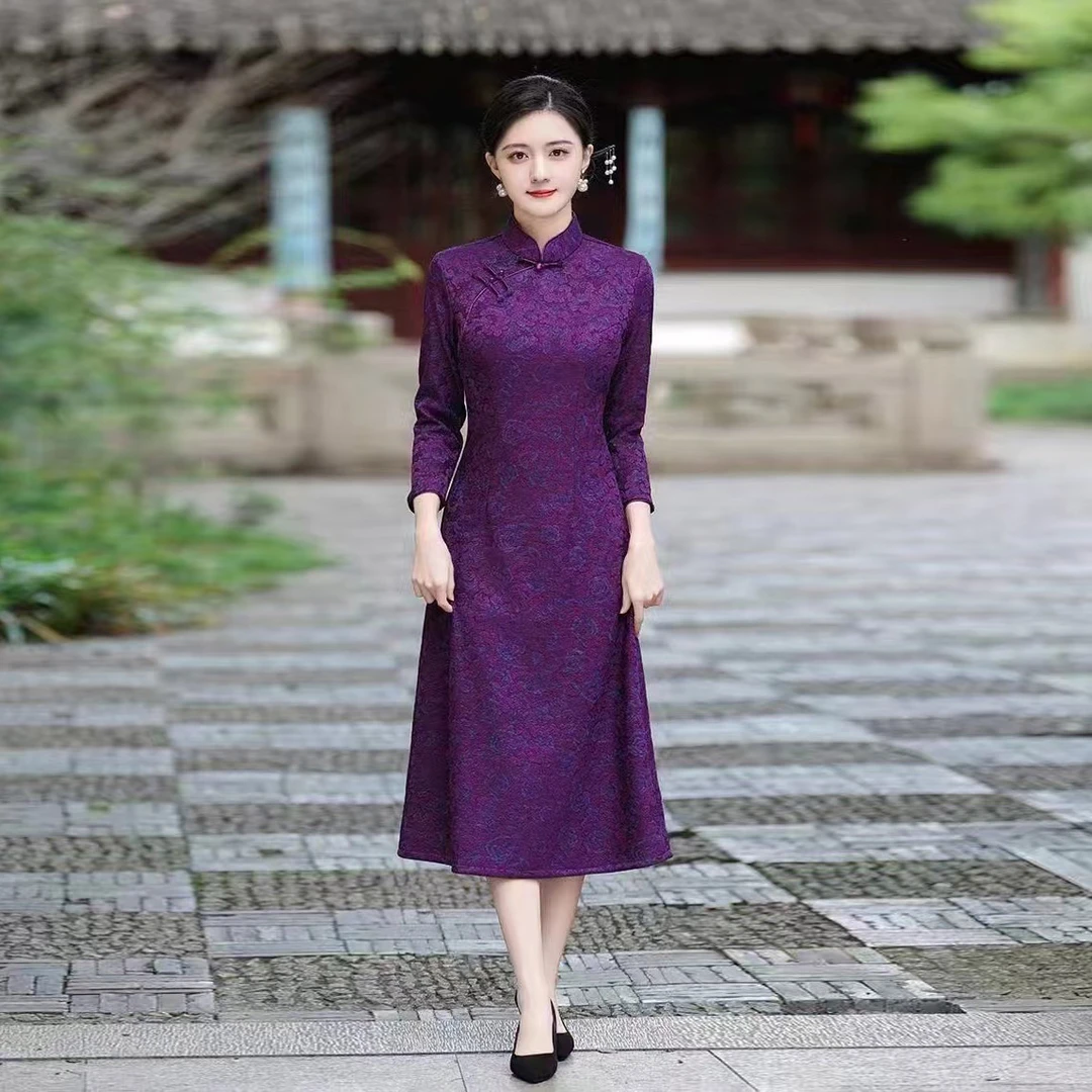 西田鱼新款冬款长袖新款中式奥黛A版紫色日常改良旗袍连衣裙女