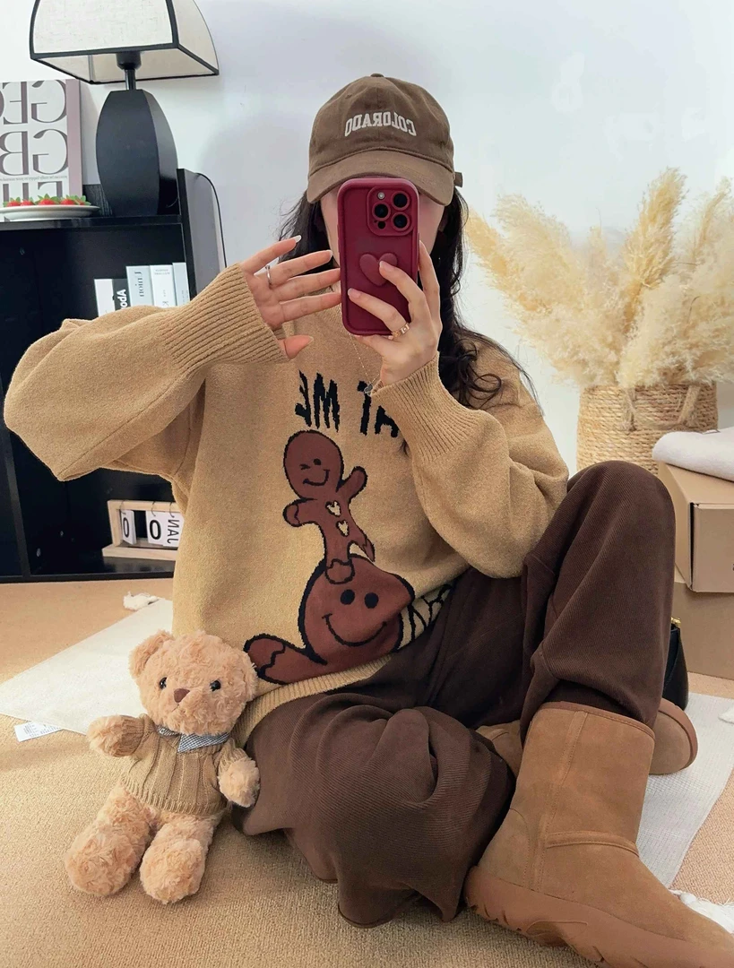 反季清仓 中长款宽松长袖针织衫情侣宽松圆领韩版卡通