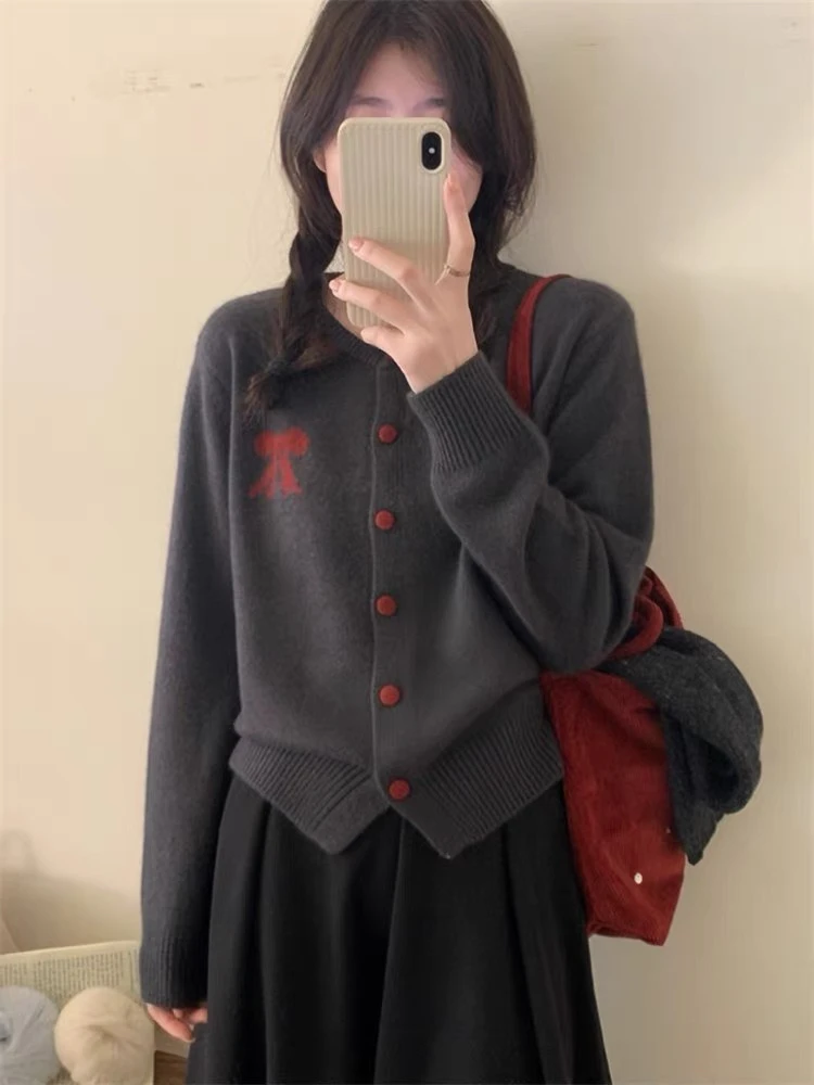 秋冬反季清仓 加厚蝴蝶结长袖针织衫针织开衫