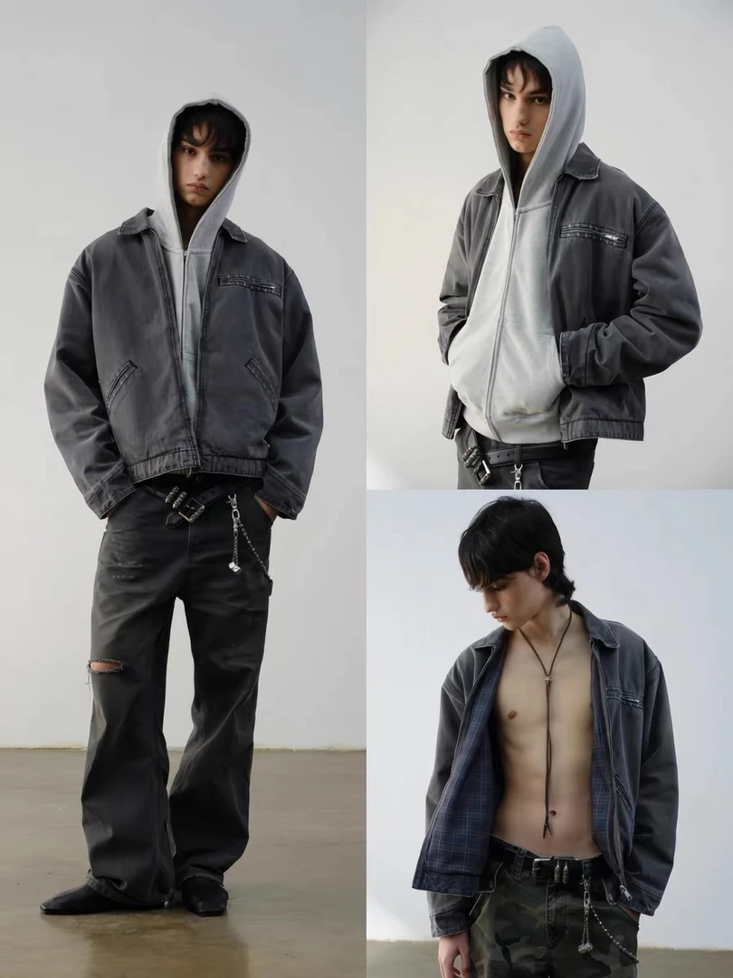 VLABMADE *重制J97*复古格纹里衬做旧磨破水洗重磅底特律棉服夹克