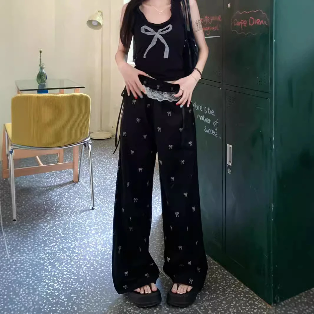 甜辣妹蕾丝边拼接休闲裤结裤子女夏季宽松腰阔腿裤直筒裤百搭时尚