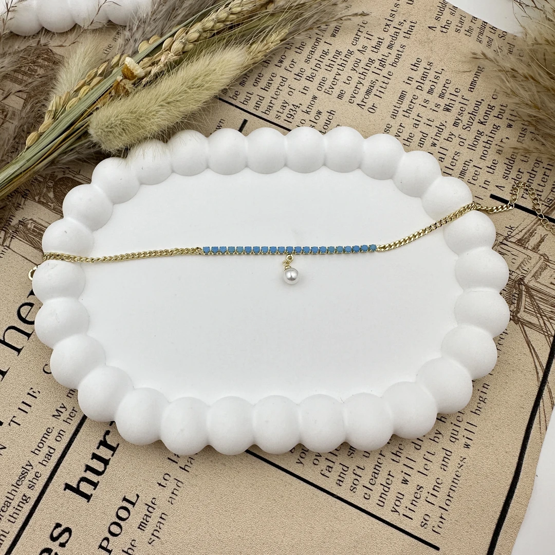 铜合金仿珍珠脚链 F0157小众设计蓝色珠子吊坠脚链