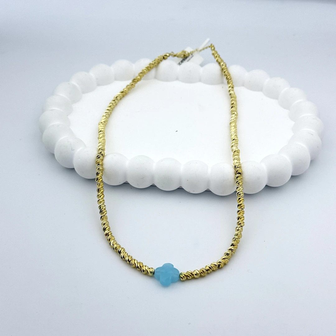 铜合金合成锆石项链 N1131蓝色四叶草项链