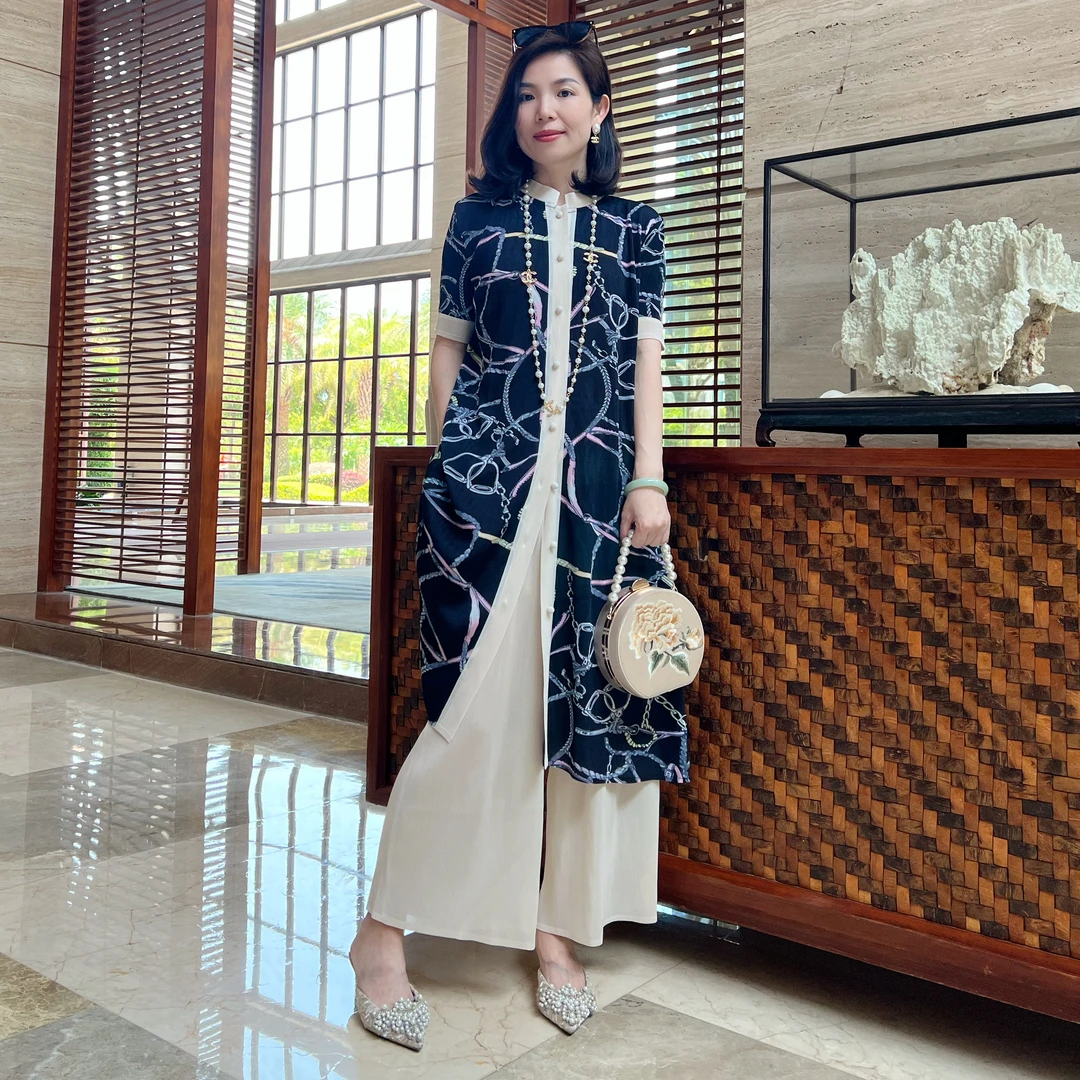 三宅褶皱夏新品时尚高端意式奢品印花拼色洋气减龄显瘦套装连衣裙