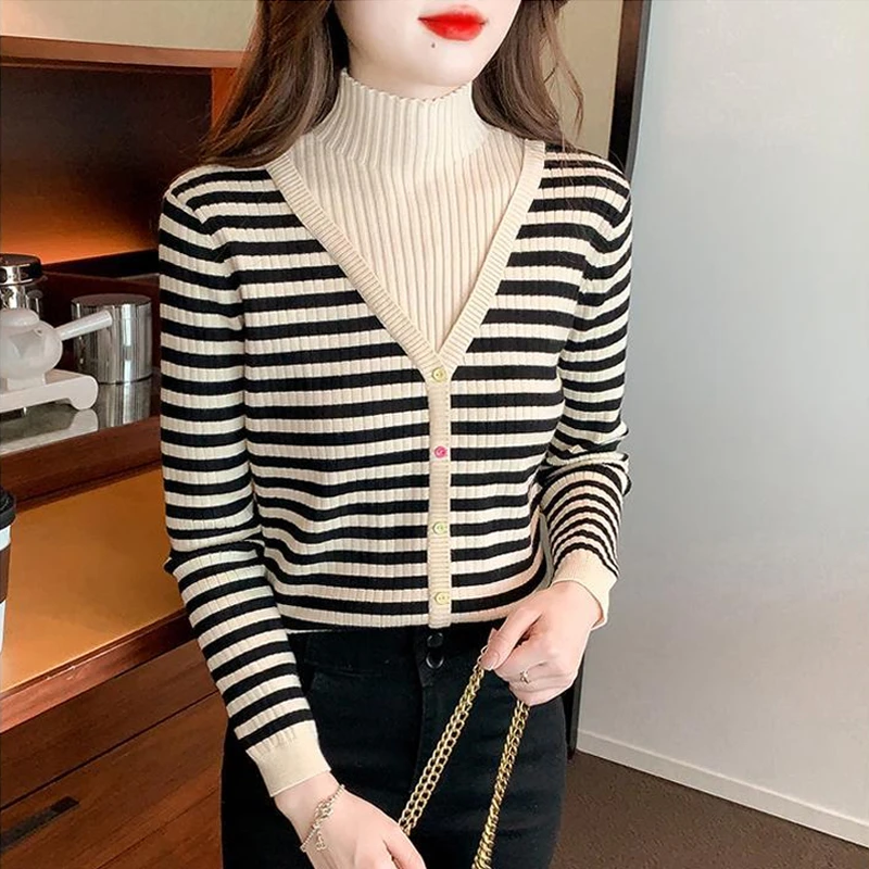 假两件半高领针织女2023秋冬新款时尚条纹打底衫内搭气质毛衣上衣