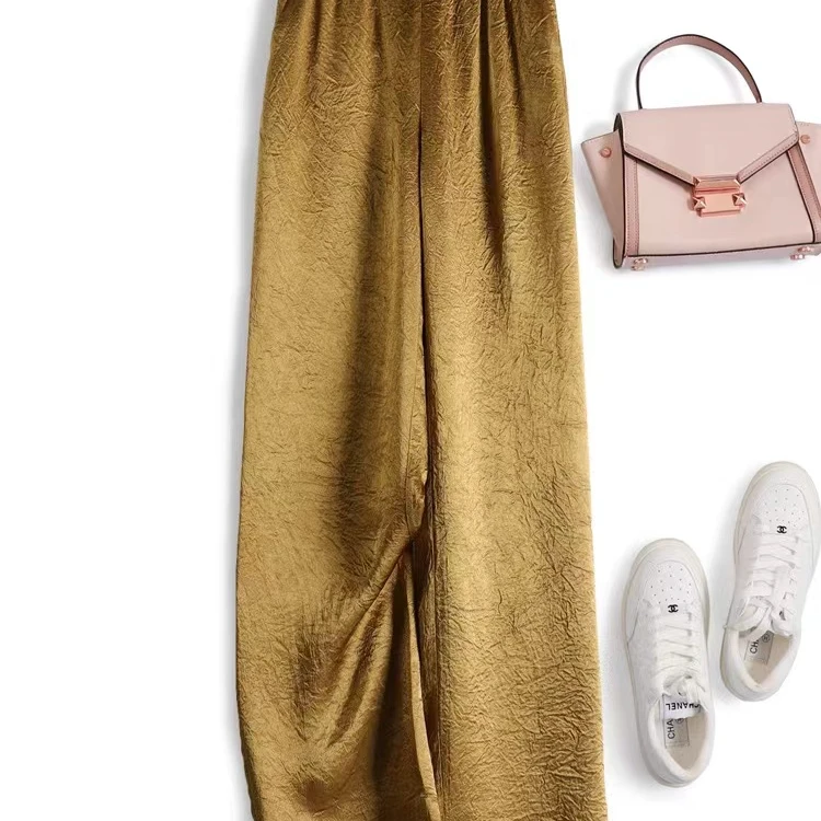 肌理褶皱醋酸阔腿裤女夏季薄款垂感时尚宽松直筒松紧腰长裤