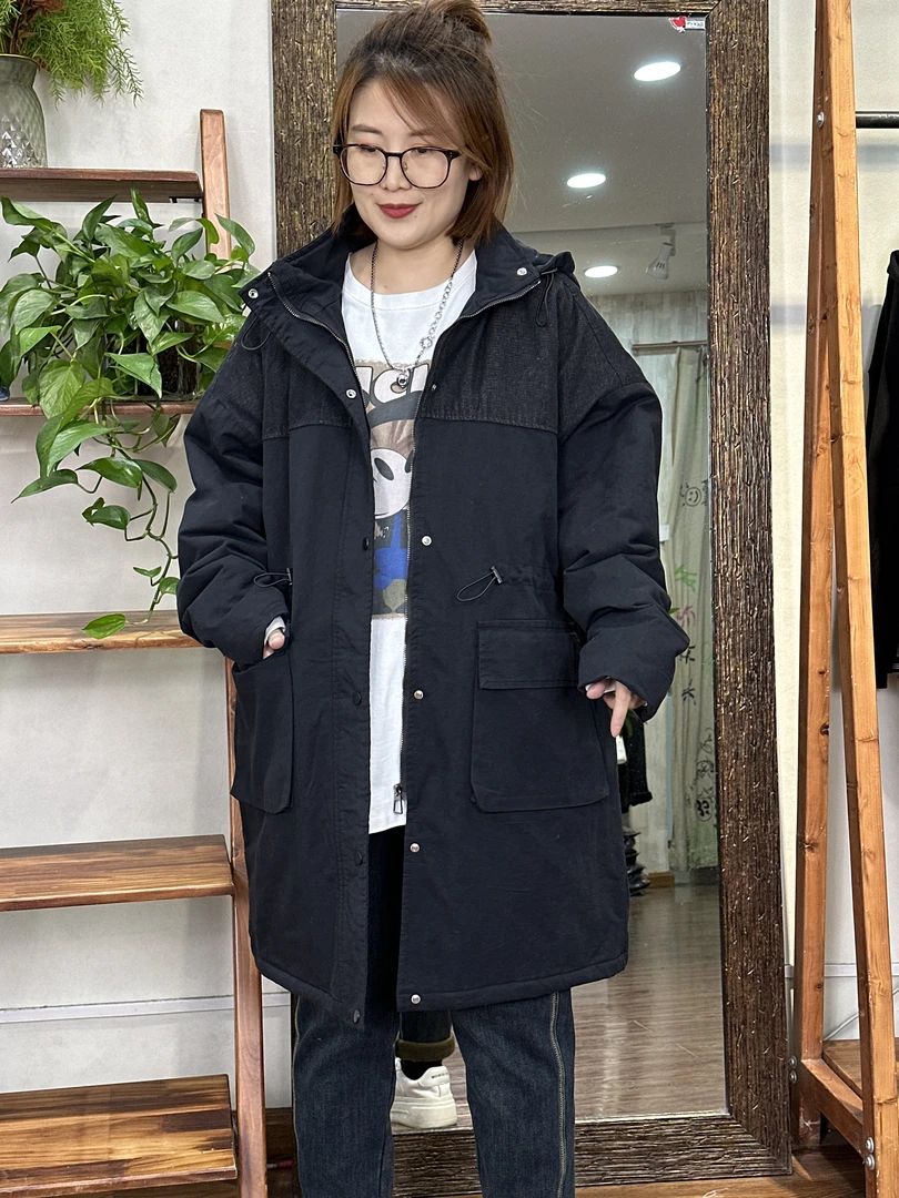 中长款棉服-3288大码女装新款冬季连帽百搭加厚撞色宽松保暖