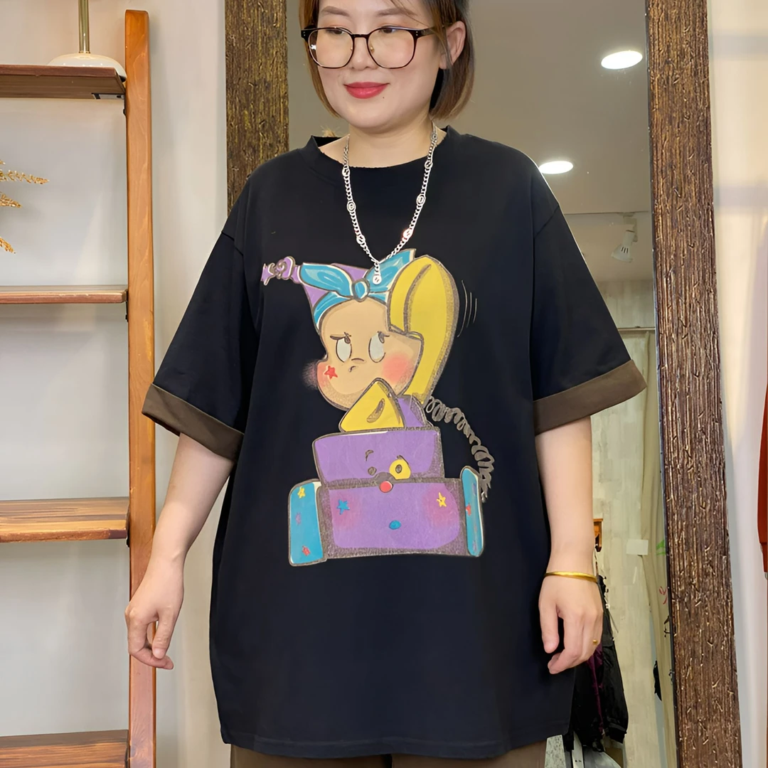 中长款T恤-10489大码女装秋冬棉质胖MM宽松文艺领口磨破拼接袖