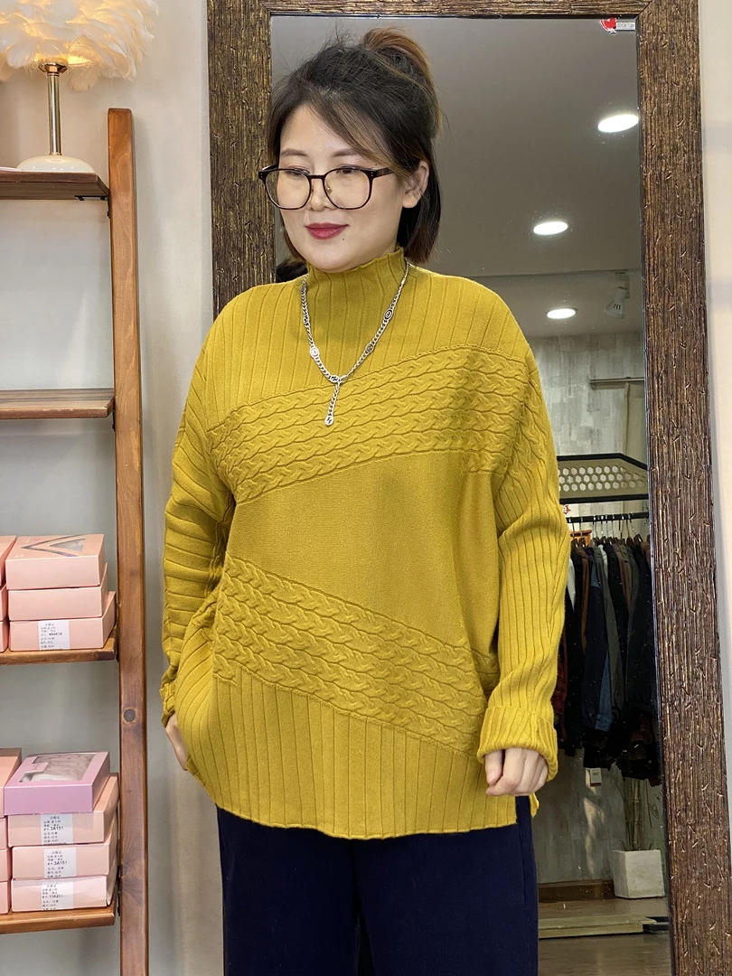 针织毛衣-10565大码女装新款秋冬时尚半高领百搭纯色设计感