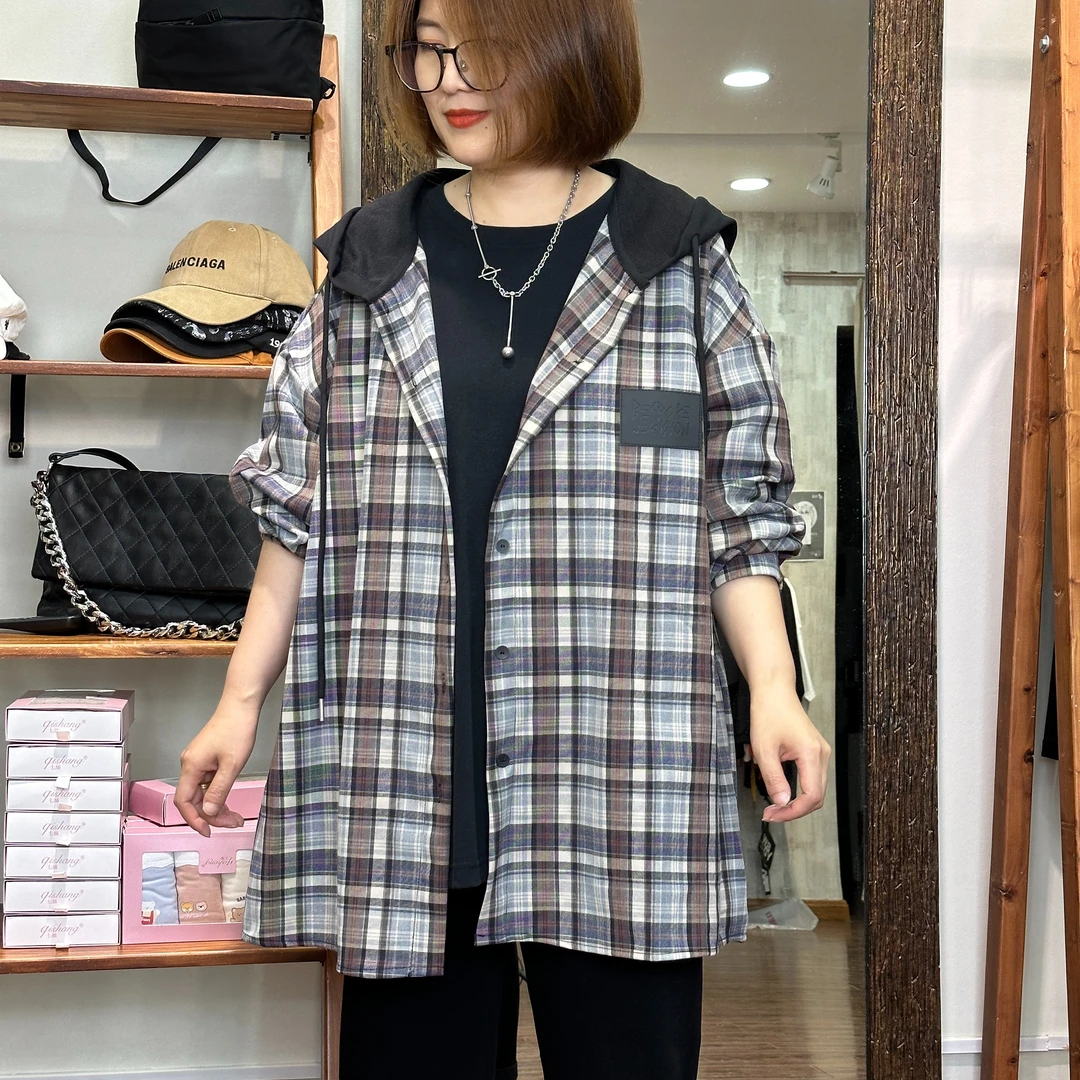 格纹连帽衬衣-3164大码女装新款春夏宽松百搭经典时尚长袖高品
