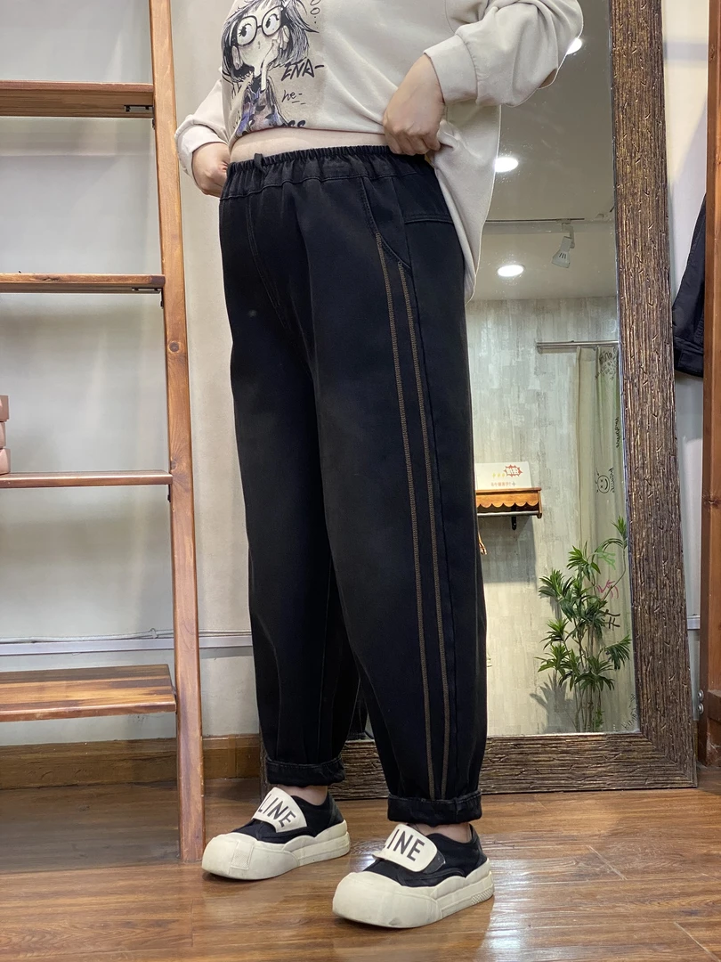 加绒牛仔裤-23109大码女装秋冬棉质胖MM宽松刺绣休闲百搭