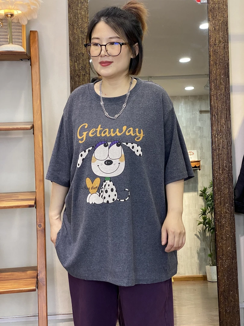 T恤-10548大码女装新春棉质胖MM宽松百搭潮流印花圆领