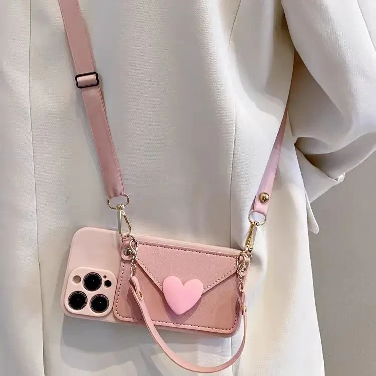 粉色爱心零钱包适用【iPhone/华为/OPPO/vivo/红米】斜挎挂绳手机壳