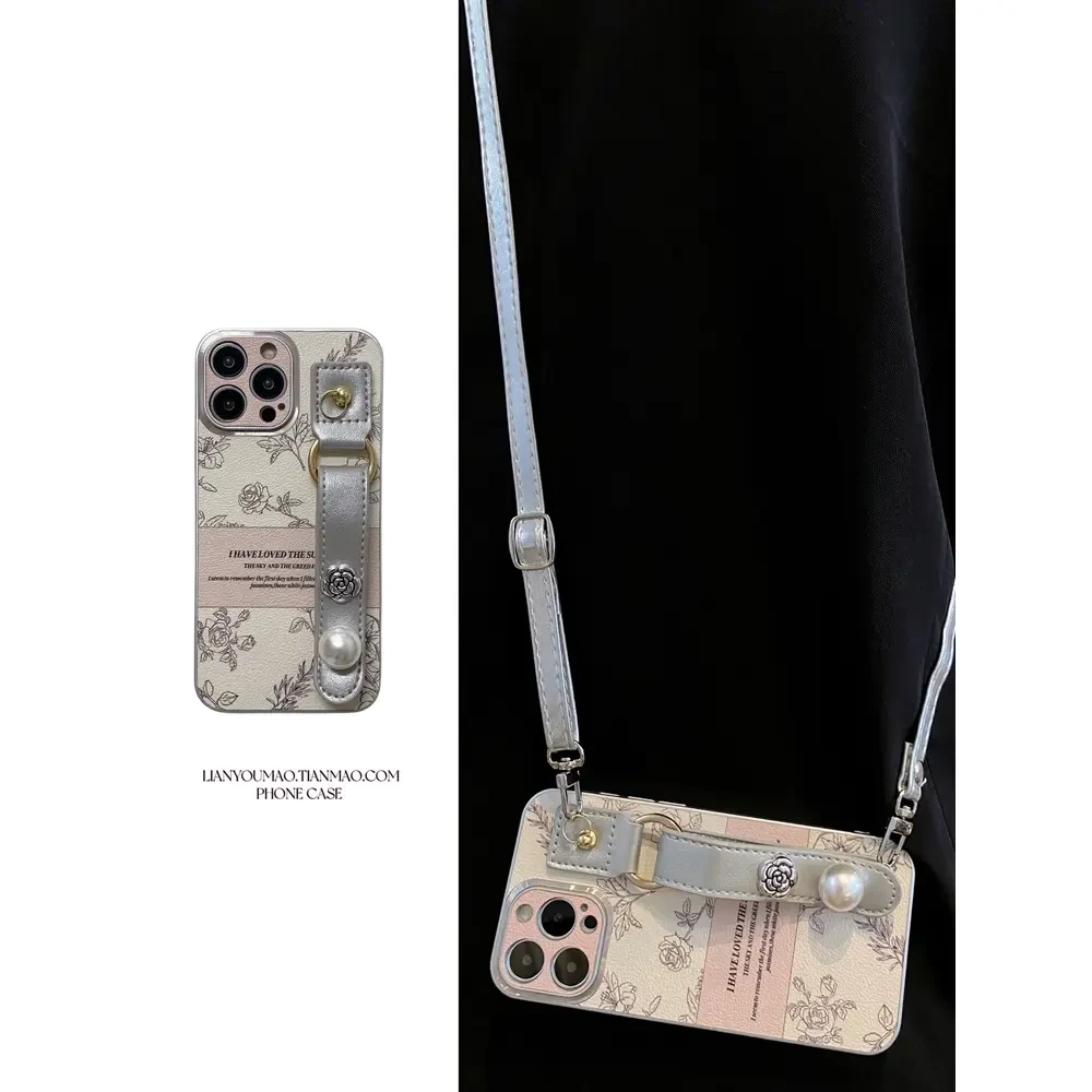 小香风山茶花珍珠腕带适用iPhone/华为/OPPO/vivo/红米斜挎手机壳