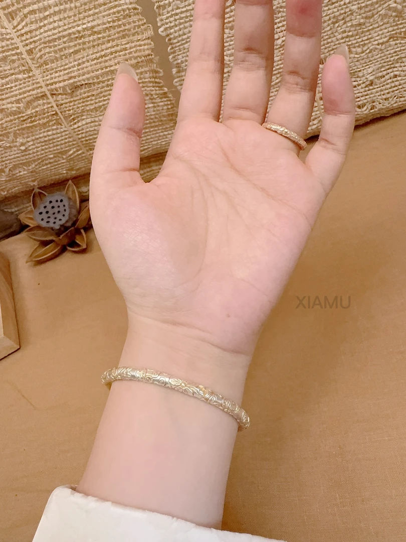 足银手镯  夏木古法描金雕刻S999.9 24K描金开口手镯26g