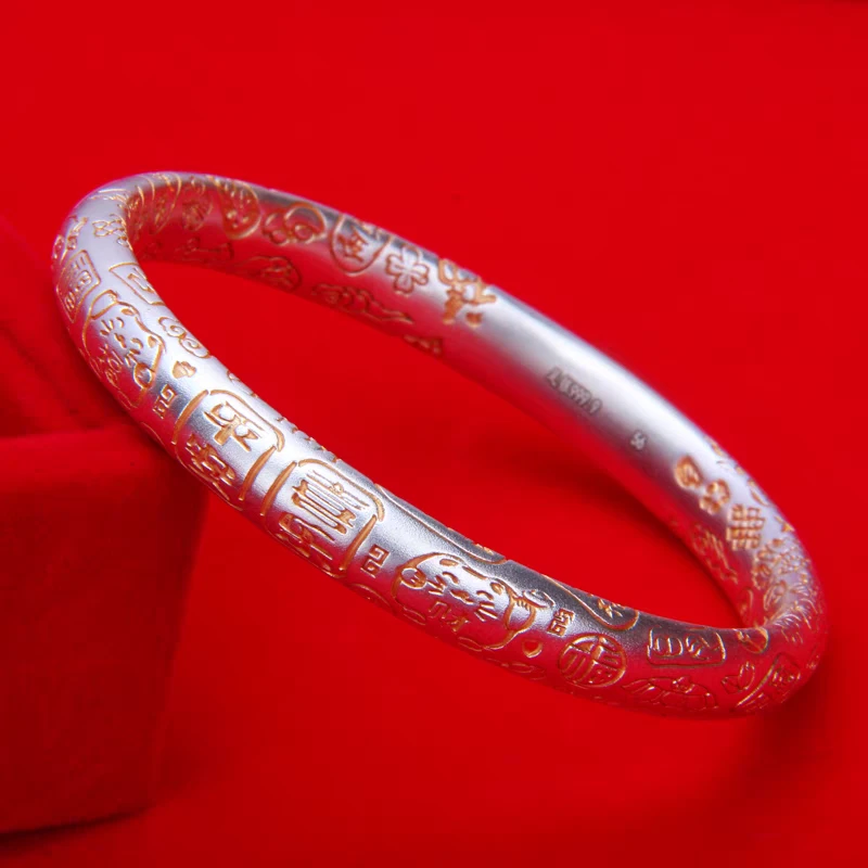 足银手镯 夏木足银9999古法吉言描金复古手镯磨砂纯银手镯银镯子