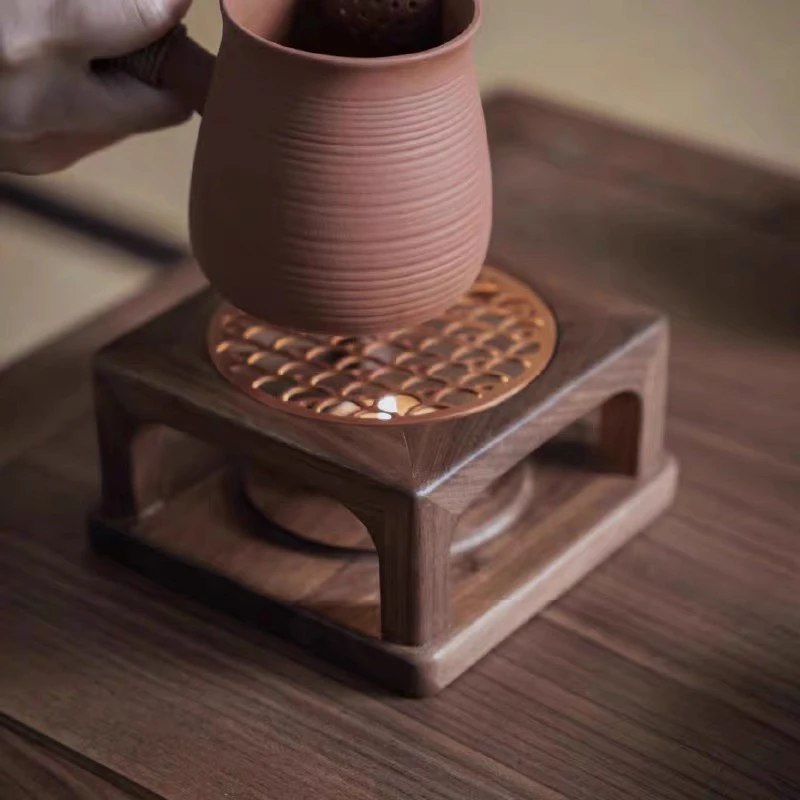 新中式茶室温茶炉茶桌家用简约复古黑胡桃原木创意氛围摆件