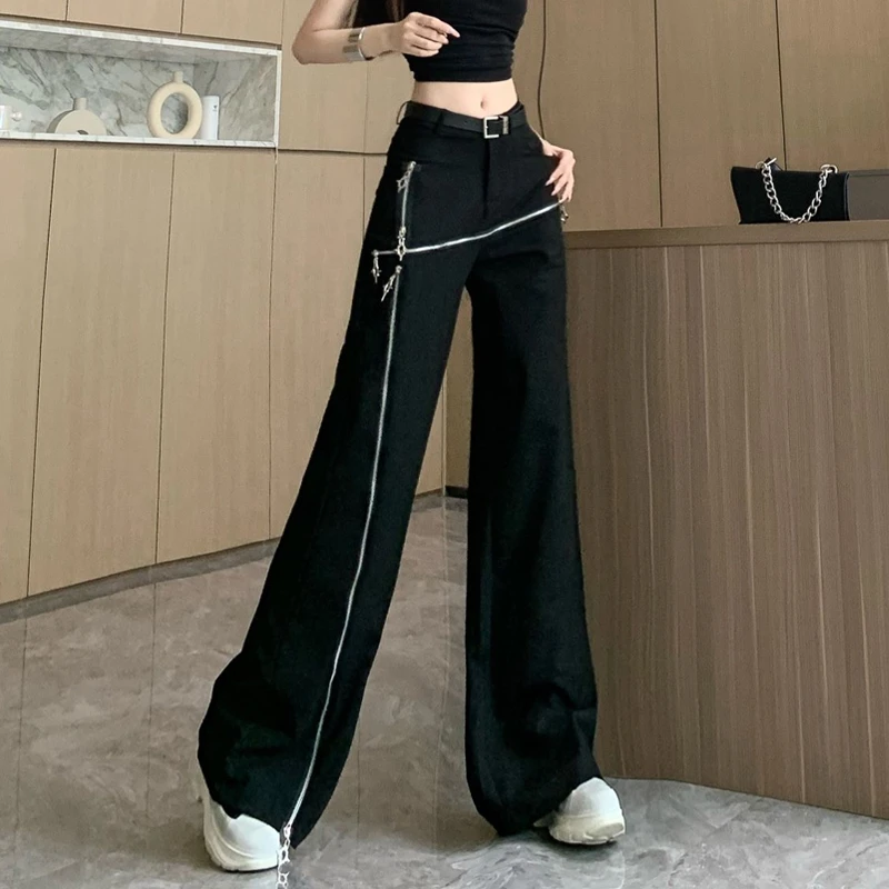 黑色高街工装阔腿裤女夏季新款设计感拉链高腰显瘦垂感休闲拖地裤