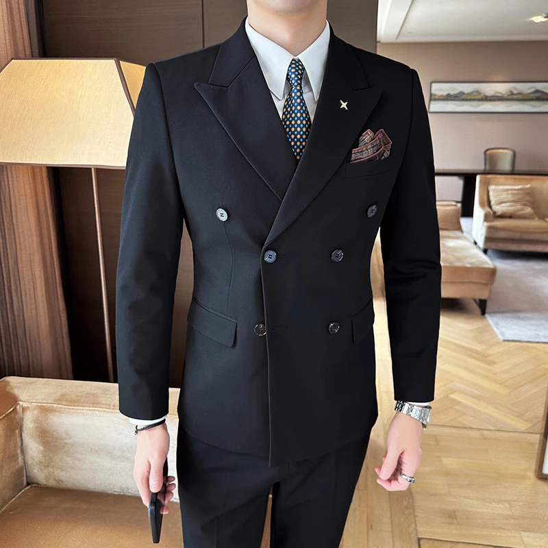 秋冬新品双排扣西装男士结婚西服英伦修身帅气戗驳领西服三件套