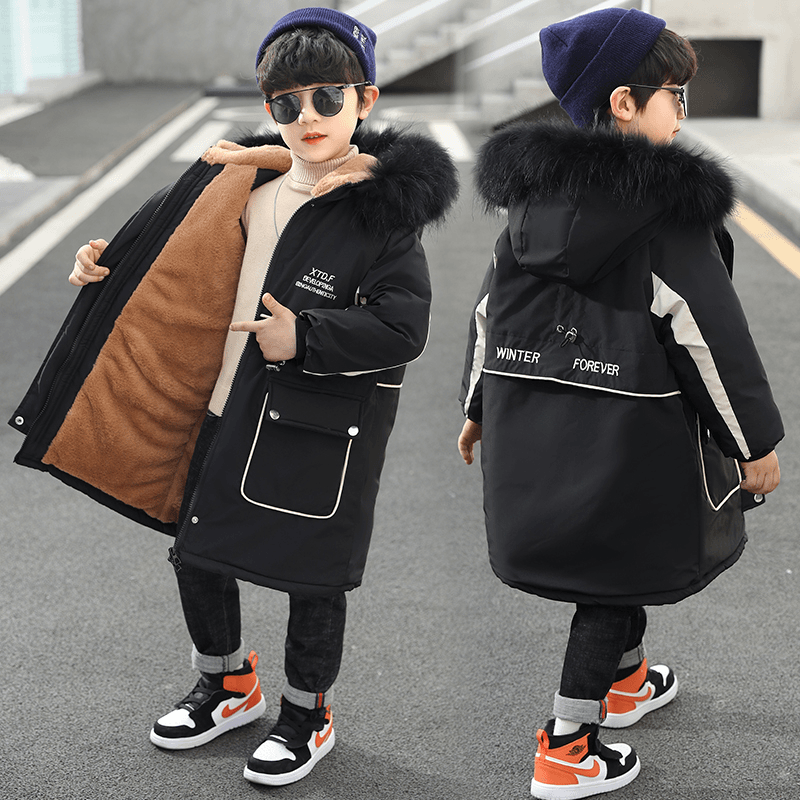 男童冬季中长款加绒派克服棉衣2023新款中大童洋气韩版冬装棉服潮