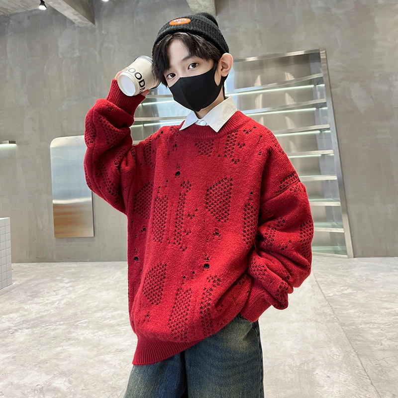 红色男童毛衣冬装2024新款中大儿童秋冬加厚针织衫龙年拜年服上衣