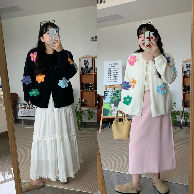 2024秋冬新款胖mm大码女设计感甜美花朵针织开衫上衣71608