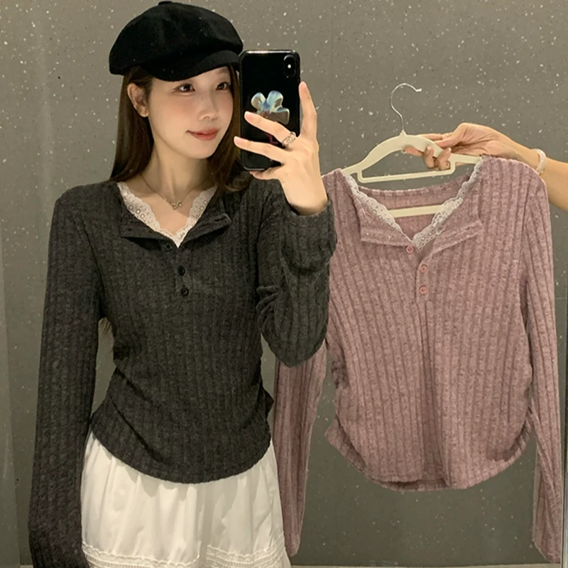 2024秋装新款胖mm大码女设计感坑条拼接蕾丝边别致针织上衣A0956