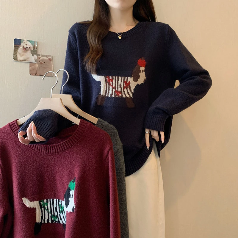 秋冬新款胖mm大码女韩系慵懒风毛巾绣腊肠狗软糯毛衣上衣71739