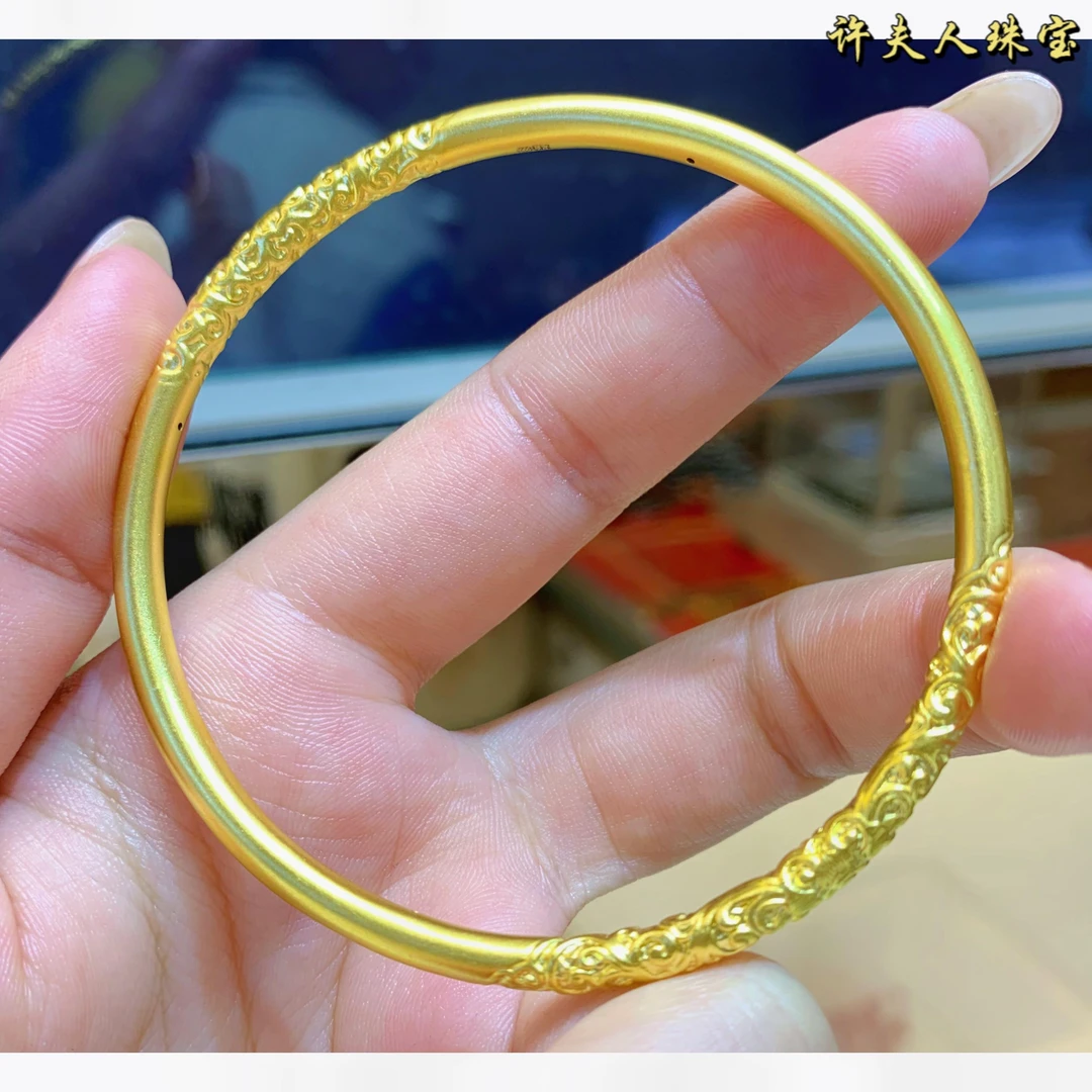 许夫人珠宝足金999古法传承闭口素圈卷草纹金手镯《自选圈口》