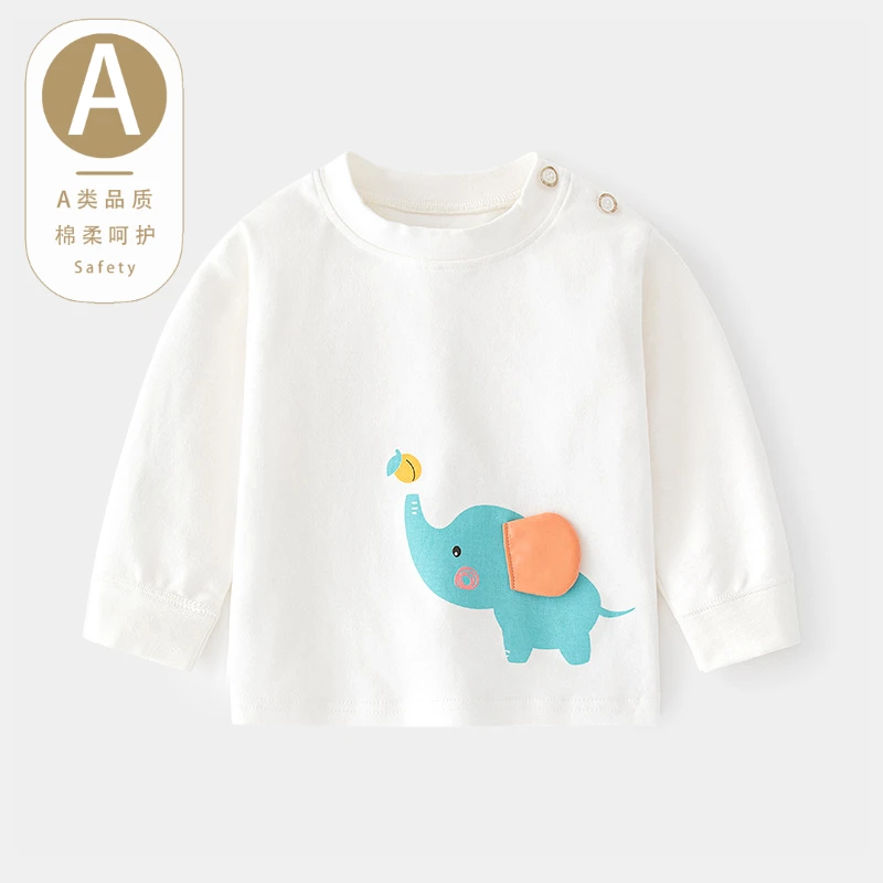 宝宝秋衣婴儿新生婴儿纯棉印花内衣套头全棉春秋打底童装肩开T恤