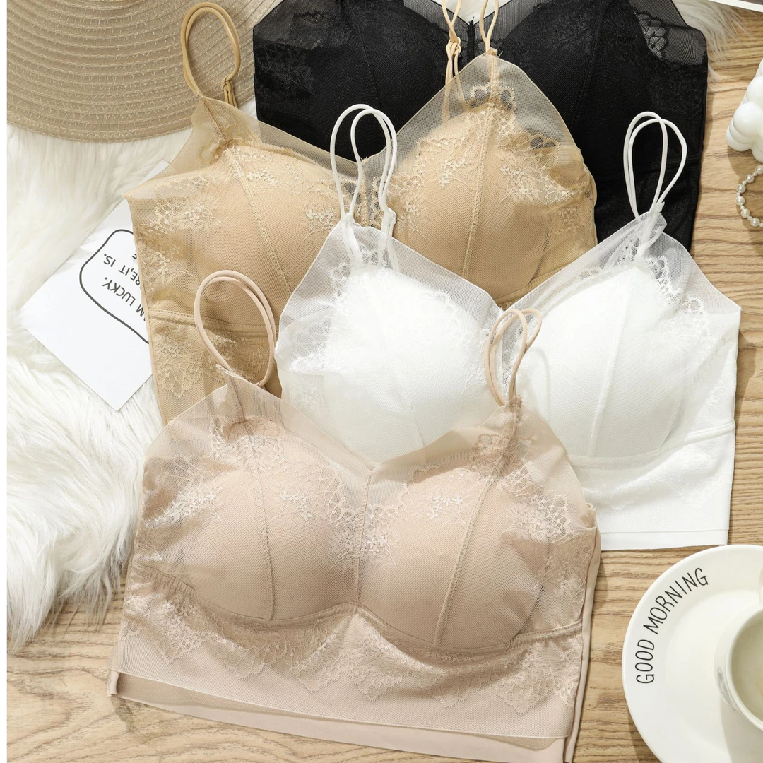 蕾丝小胸美背内衣一体吊带女士春夏短款小胸聚拢内衣胸垫打底背心