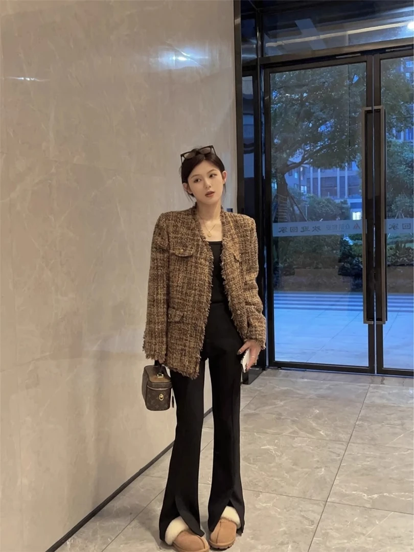 【90白鸭绒】高级感美拉德色羽绒小香风气质流苏显瘦毛呢外套