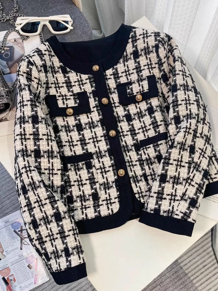 【阿芝专属】W6086 小香风格子外套2024新款韩版夹棉宽松显瘦上衣