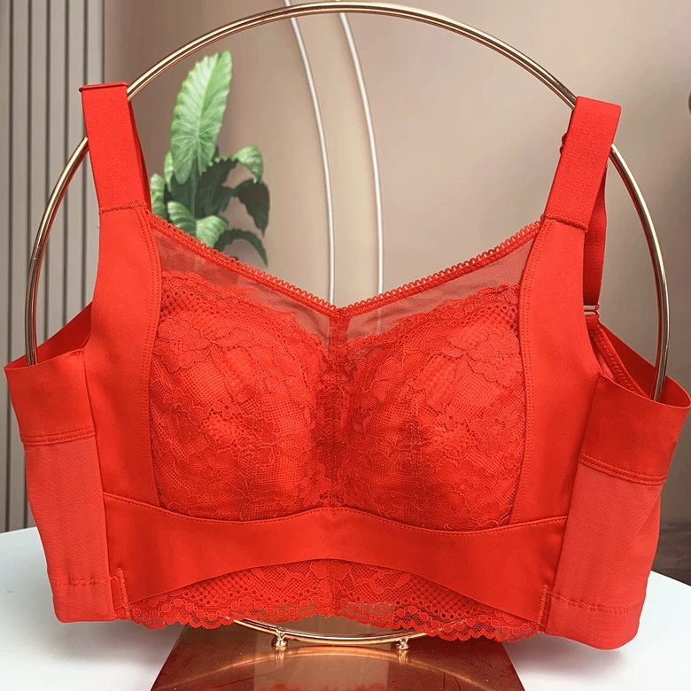 大码内衣透气红色薄款女士大胸显小蕾丝舒适上托文胸罩调整型小胸