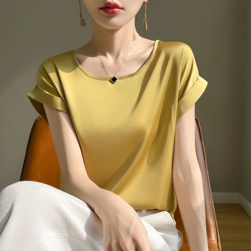 重磅丝滑醋酸缎面短袖T恤女夏季新款圆领宽松显瘦高级感上衣小衫