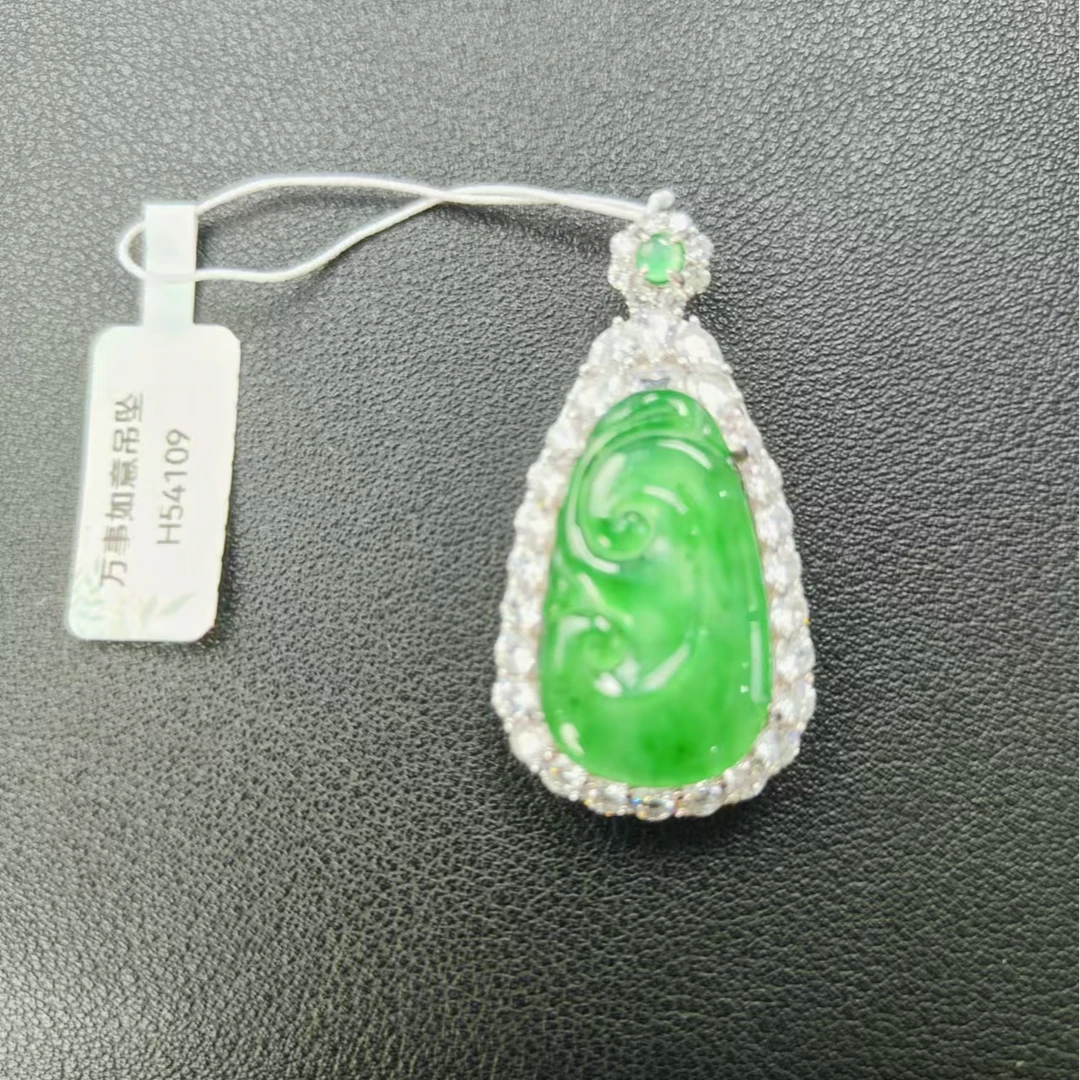 翡翠万事如意吊坠54109天然A货翡翠满绿飘绿素款天然雕刻