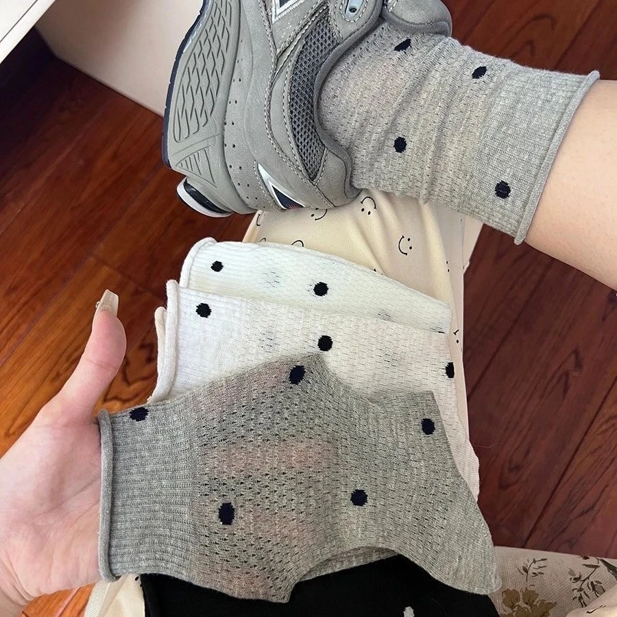 网红款微透点点女袜东大门夏季新款园波点网眼透气卷边韩版中筒袜