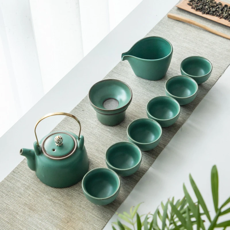 晟翔新品日式提梁壶10头茶具套装简约高档德化陶瓷泡茶壶绿色整套