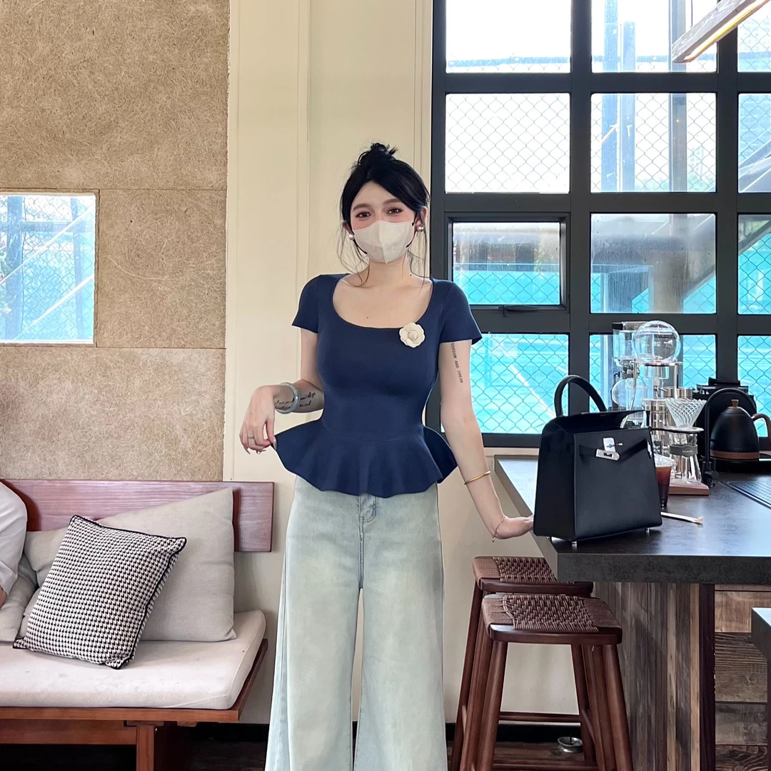 大静推荐【拉斐尔画】法式气质针织夏款短袖收腰百搭显瘦上衣女